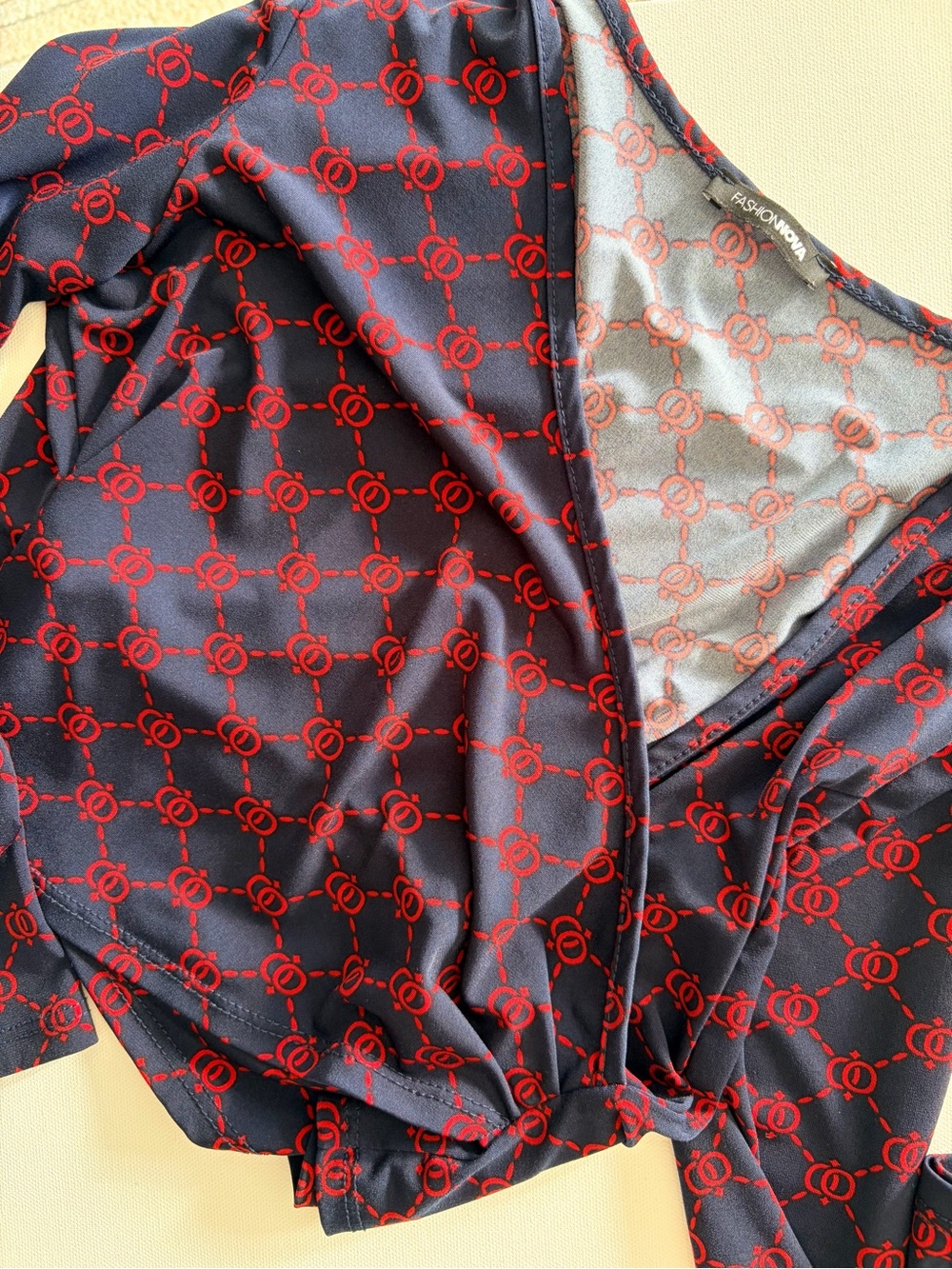 Fashion Nova Navy and Red Satin Wrap Top